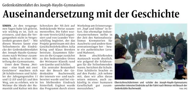 Zeitungsausschnitt mit einem Bericht über die Gedenkstättenfahrt des Joseph-Haydn-Gymnasiums nach Weimar.